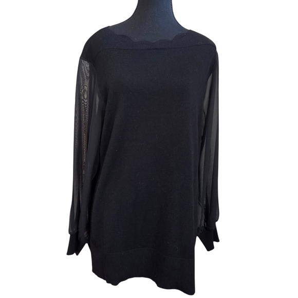 Cable & Gauge Black Scalloped Neck Sweater with Sheer Sleeve Size XL - Picture 1 of 7